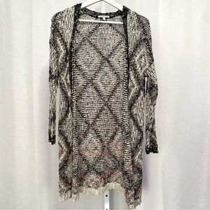 Charlotte Russe Crochet Knit Long Cardigan in Cream/Black/Burgundy — S